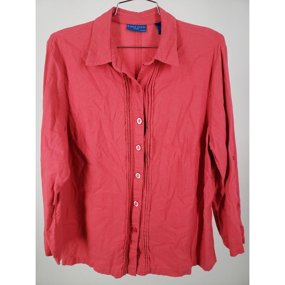 Karen Scott Sport Linen Blend Womens Ruby Button Long Sleeve‎ Blouse Top Size 1X